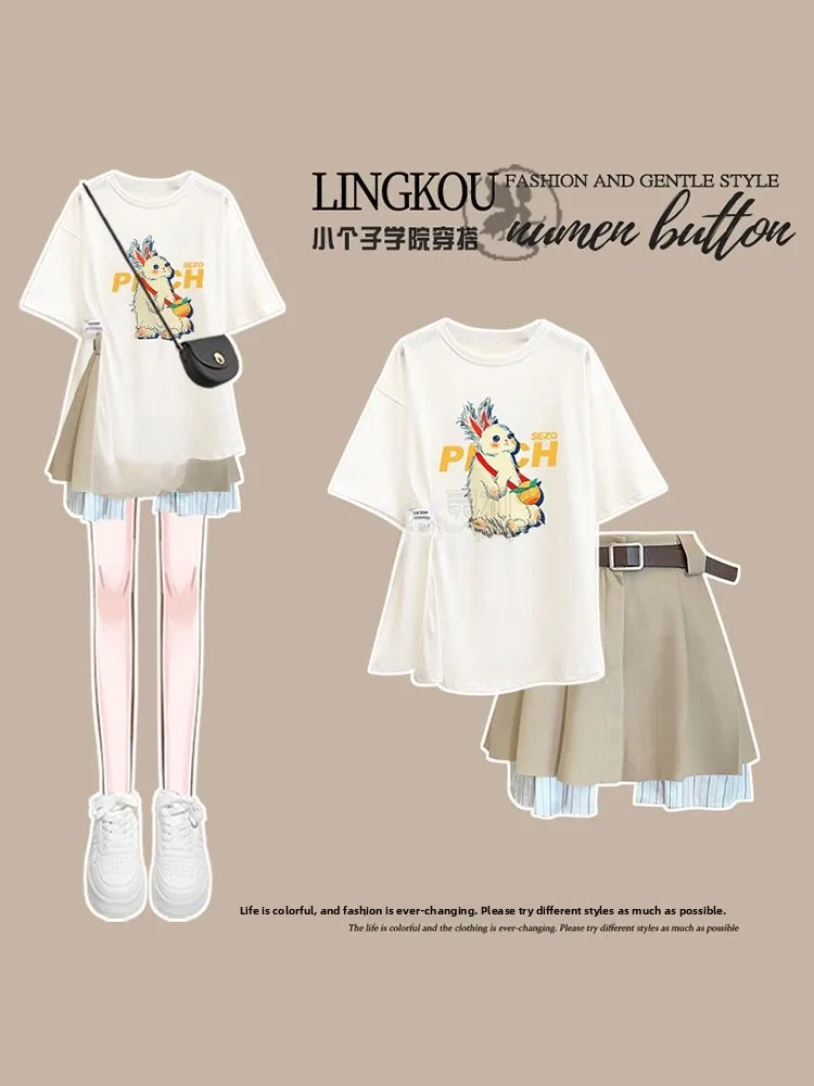 

Summer Casual Outfit Women's Preppy Style T-Shirt Top Short Skirt Spunky Streetwear Two-Piece Set High Waist Polyester Fiber