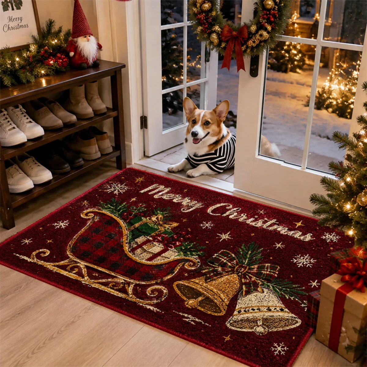 Merry Christmas Wreath Bells Pinecones Doormat Floor Mat Non-slip Entrance Rug Xmas Decor Welcome Mat Indoor Outdoor Use