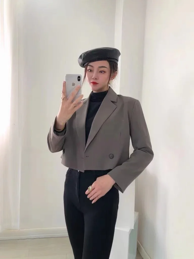 Gray Blazers Women Spring Short Single Breasted Solid Simple Classic Korean Style Elegant Office Lady Minimalist Chic Trendy