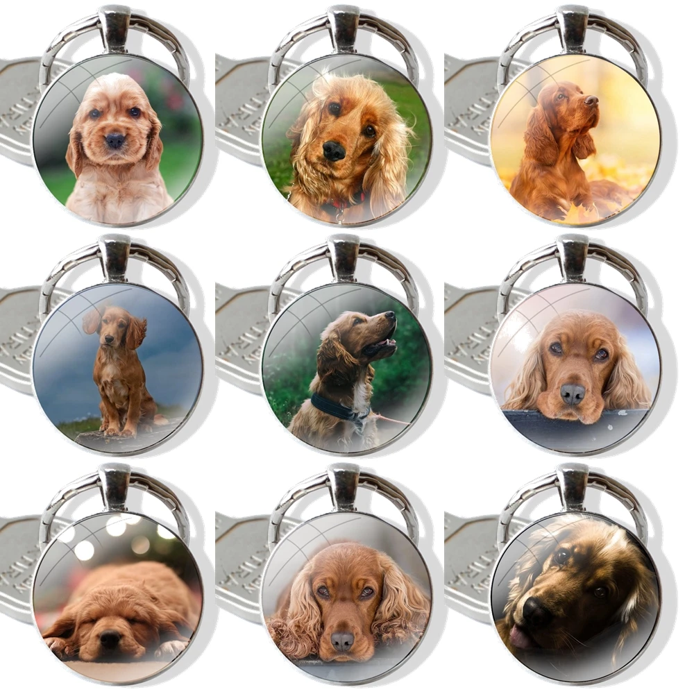 Cocker Spaniels dog puppies Keychain Handmade Glass Cabochon Key Ring Holder Pendant Key Chains