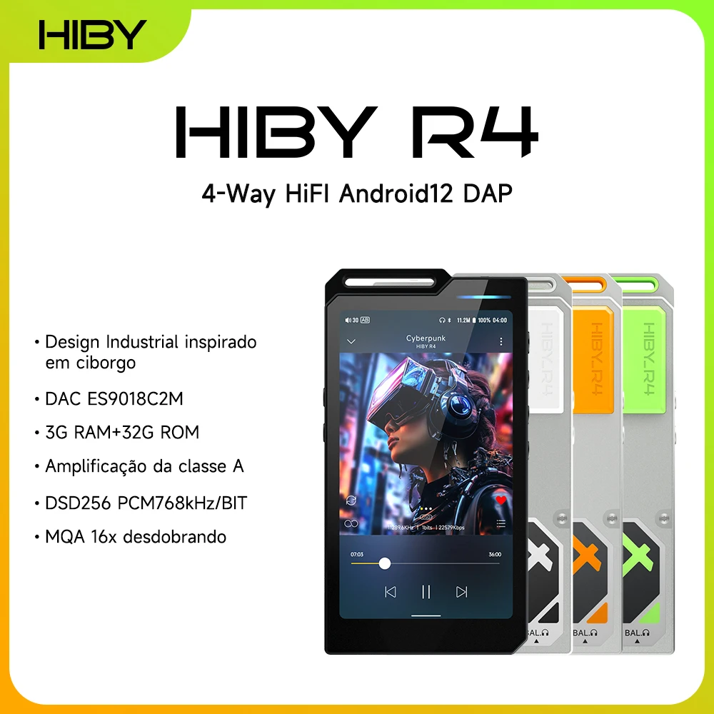 HiBy R4 ES9018Q2M*4 Android12 Reprodutor de Música HiFi MP3 Áudio Bluetooth WiFi DSD256 MQA 16x USB DAC Amplificador de Fone de Ouvido 11h 4.7'' OPA1652