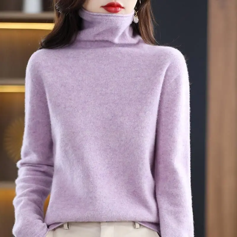 Autumn Winter Women 100% Wool Turtleneck Warm Sweater Korean Fashion New Solid Basic Long Sleeve Versatile Casual Knitted Tops