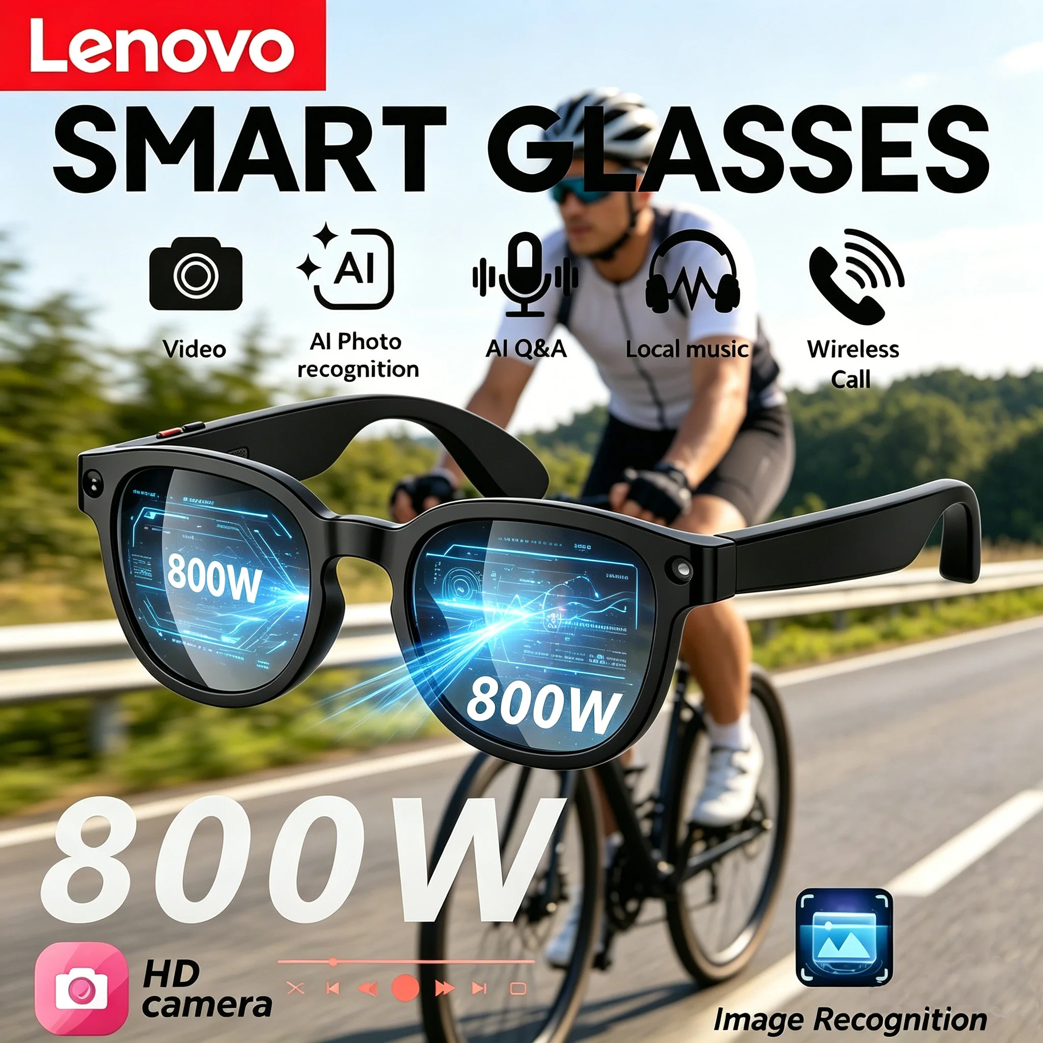 Lenovo 8MP HD Smart AI Glasses 4K Shooting Camera  Photo Video Voice Call Translation Waterproof Bluetooth AI Motorcycle Glasses