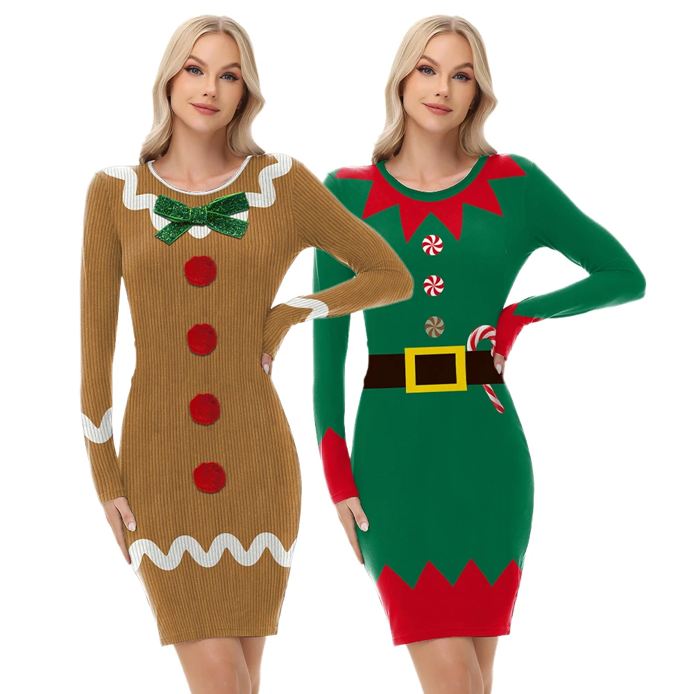 

Women Dress Xmas Green Elf Costume Cosplay Snowman Printed Long Sleeve Dresses Ladies Clothing Christmas Party Dress Up