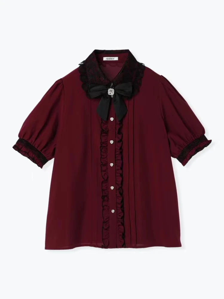 Japanese New Summer Sweet Lace Ruffled Mine Short Sleeve Shirt Female Girls Bowknot Loose Blouse Solid Color Tops