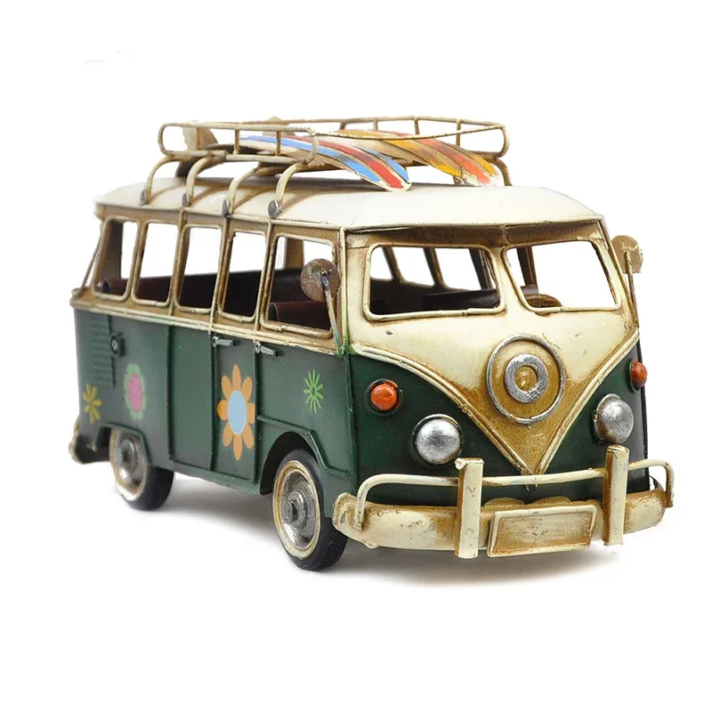

Handmade Metal Crafts Classic Beach Vintage Bus Model with Skateboard Home Bar Office Decor