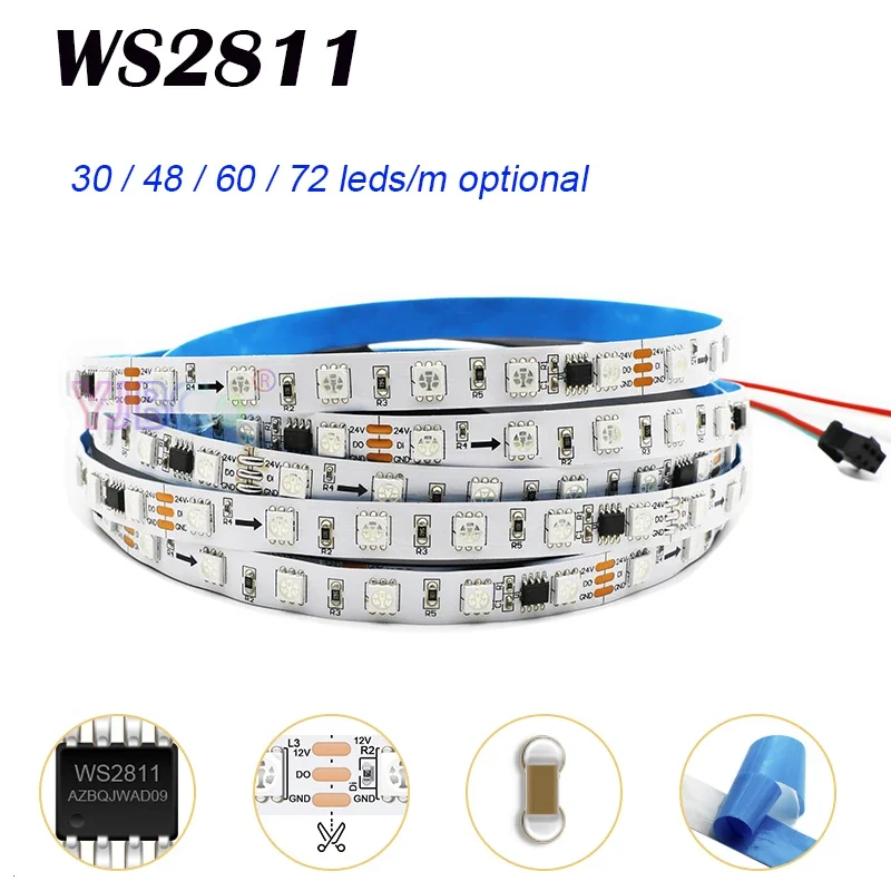 

12V 24V 5m WS2811 LED Strip addressable Light bar 30/48/60/72leds/m 5050 RGB pixels IC flexible Lamp Tape IP30/65/67