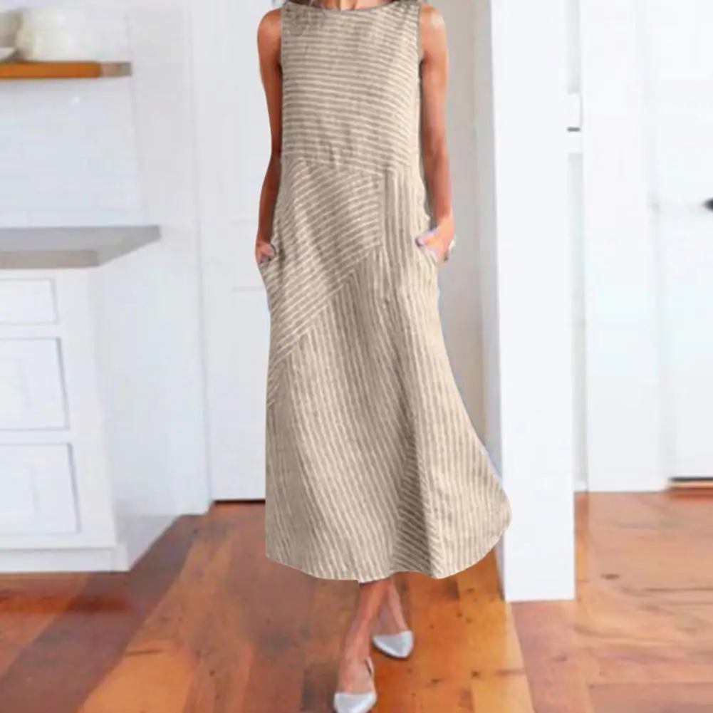 

Dress Striped Print Midi Dress with Side Pockets A-line Summer Sundress for Wear O Neck Patchwork Mid-calf Length Outfit Striped