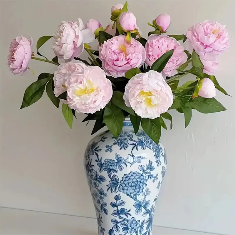 Beautiful 3-Head Peony Artificial Silk Flower Realistic Long Branch Fake Flower for Home Wedding Decoration Living Room Party