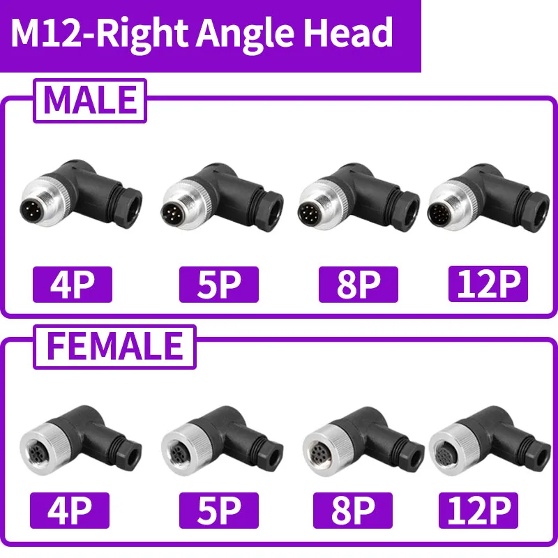 5/20 PCS M12 Connector Aviation Plug 4P 5P 6P 8P 12P Straight/Right Angle Head Male Female Docking Waterproof Sensor Connector