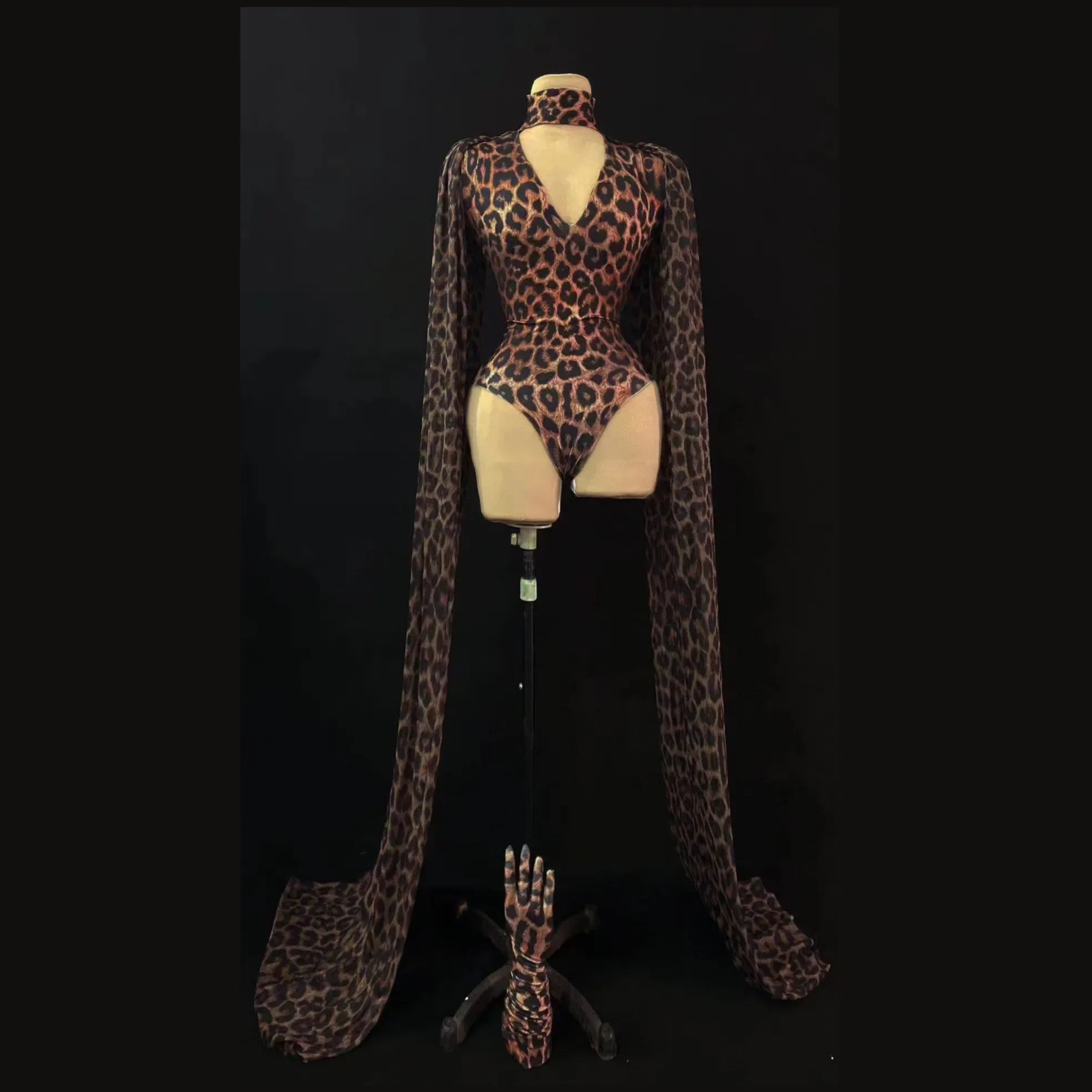 

Sexy Bodysuits For Women Stage Perform Costume Carnival Drag Queen Outfits Leopard V-Neck Long Sleeves Party Prom Clothing