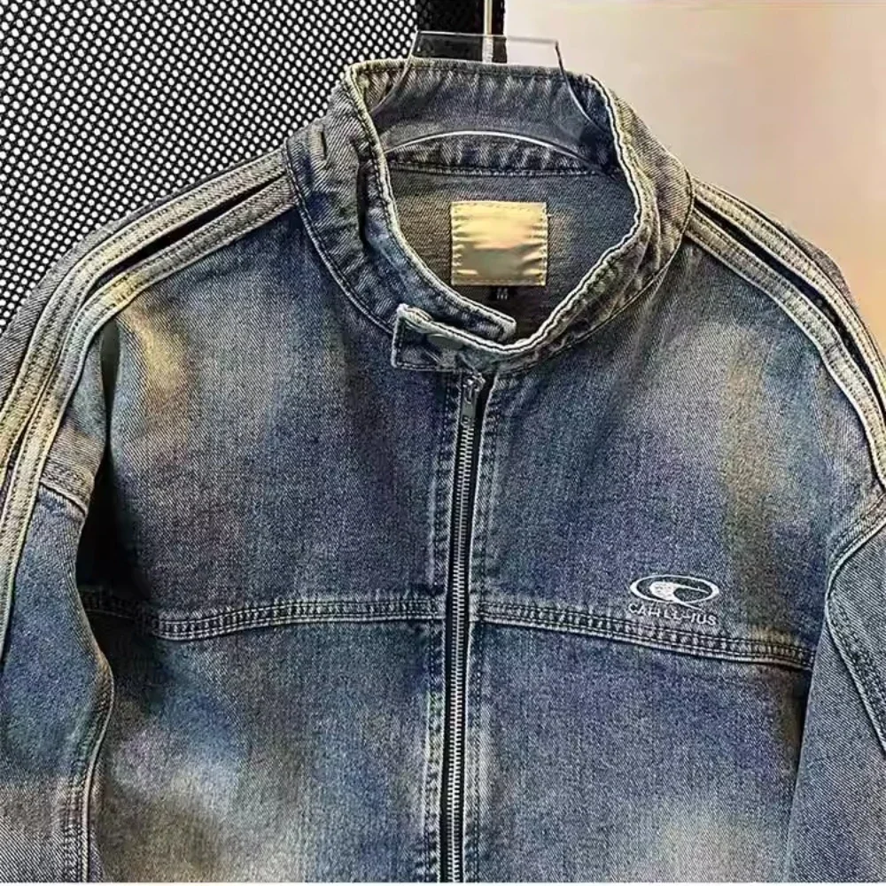 แจ็คเก็ตยีนส์วินเทจทรงหลวม คอตั้ง แขนยาว สไตล์ลำลอง โอเวอร์ไซส์ แนวสตรีท Y2K สำหรับฤดูใบไม้ผลิและฤดูใบไม้ร่วง