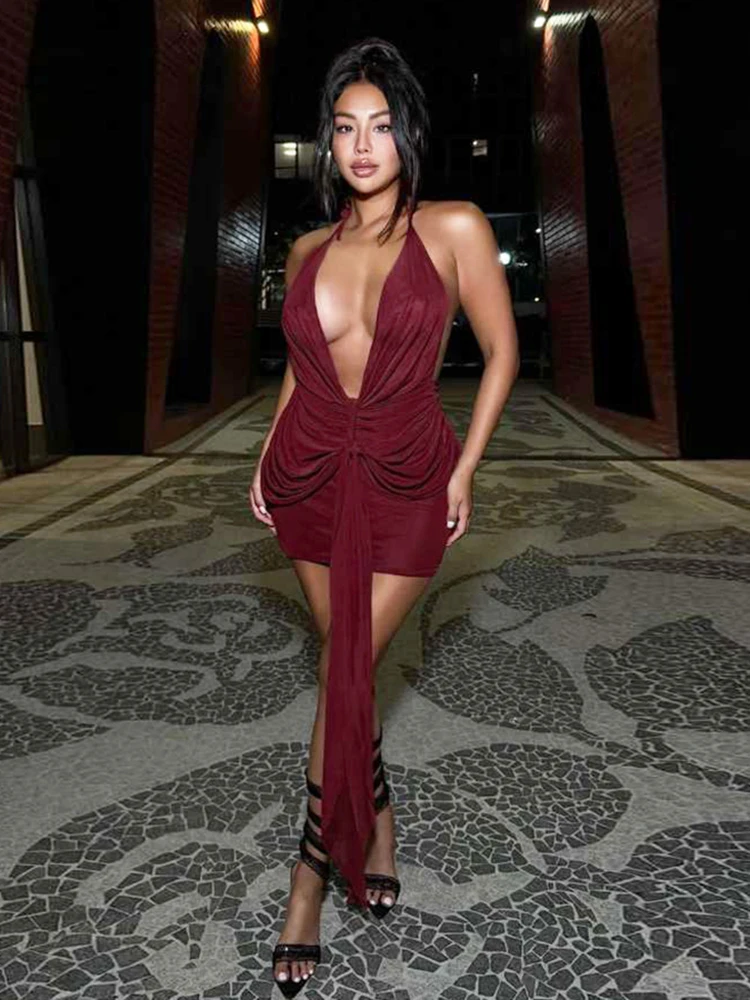 Macheda Ruché Halter Mini Robe Femmes Sexy Profond V-Cou Dos Nu Gland Skinny Pêche Hanche Minuit Club Party Classique Tenues