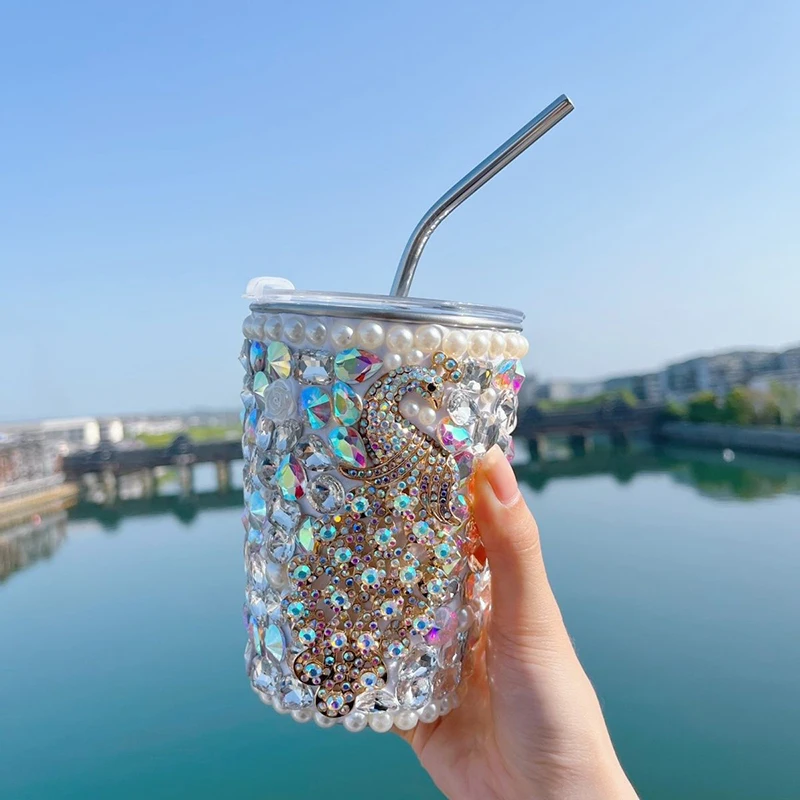 500ml Luxury RhinestoneStraw Cup Bling Kawaii Bear Stainless Steel Water Bottle Coffee Cup Mug Vacuum Keep Cold Flasks Gift