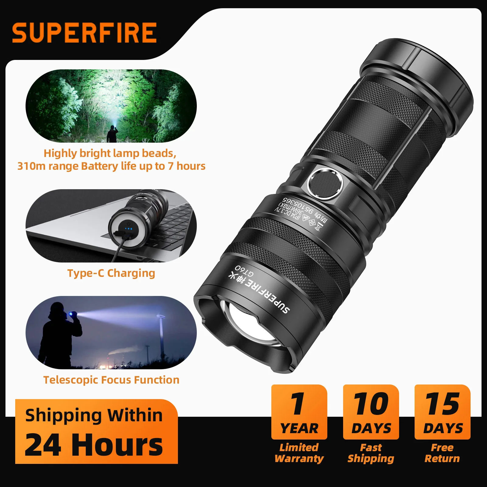 

Superfire GT60 36W Power Led Flashlight Tactical Emergency Spotlight Telescopic Zoom 1680Lumen Type-C Rechargeable Camping Torch