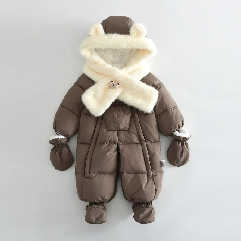 4-teiliges Set BELLBELL Winter-Strampler für Neugeborene Mädchen + Schal + Handschuhe + Schuhe, Outfit mit Kapuze, Plus Samt, warm, für Säuglinge, Babys, Mädchen, Jumpsuits – Detail 9