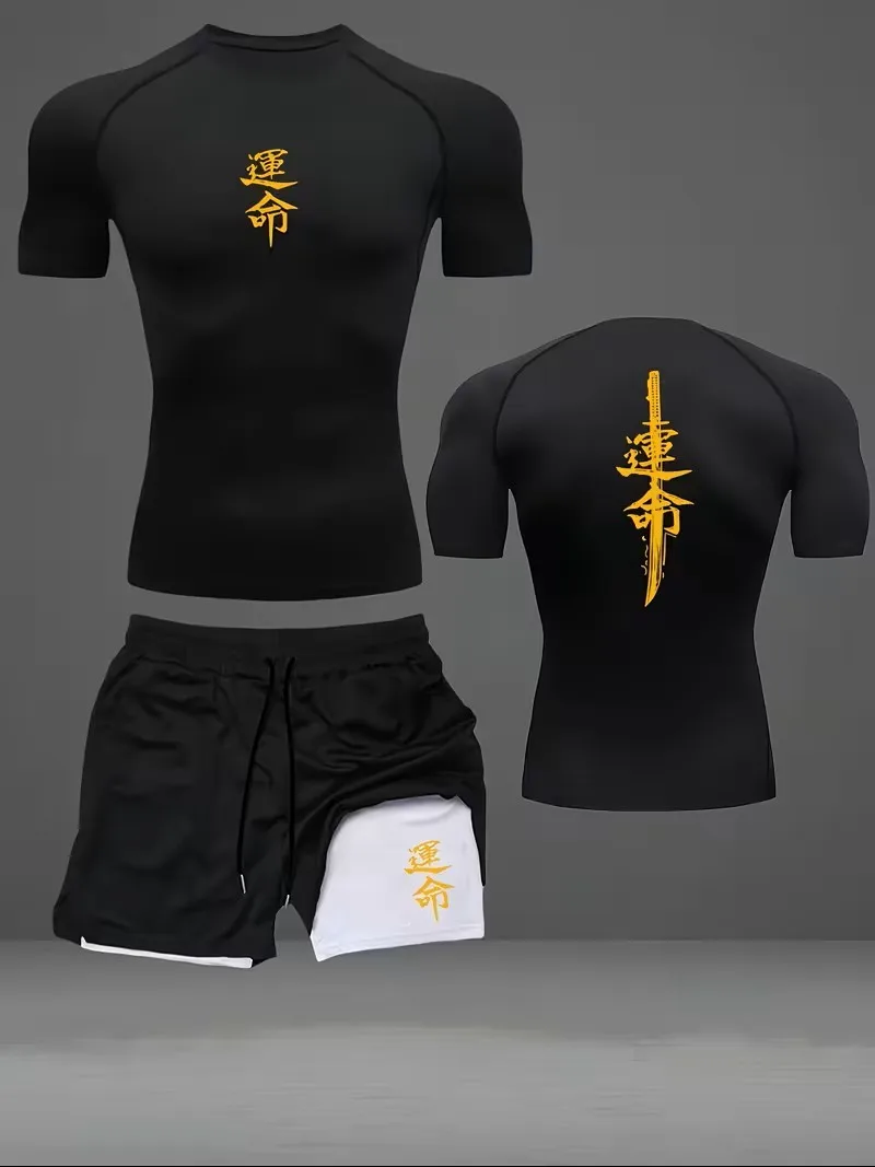 

Men's 2pcs Set: Sports T-Shirt and Double-Layer Shorts, Print Design, Breathable Quick-Dry Polyester Knit Fabric, Round