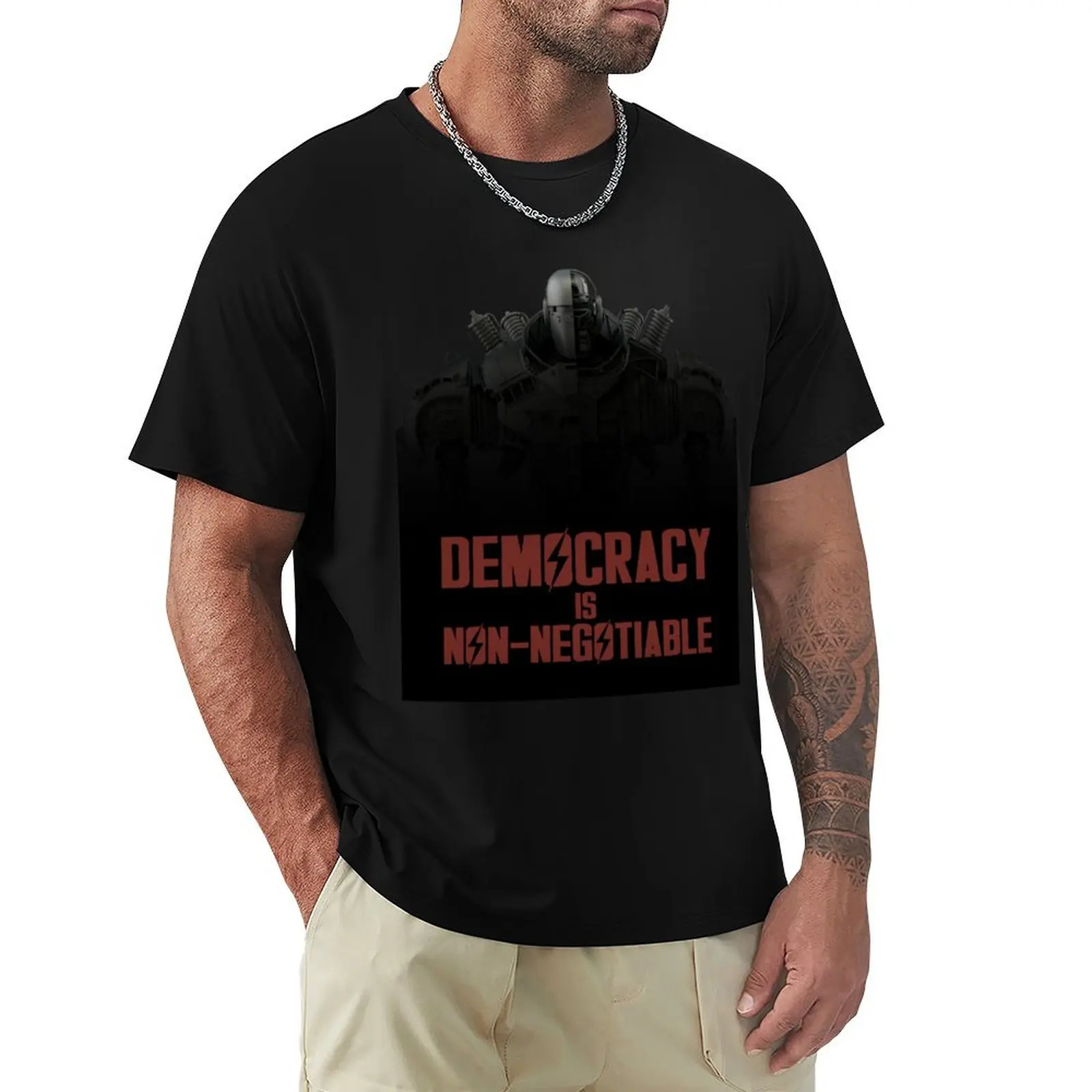 Democracy is Non-Negotiable - Liberty Prime T-Shirt Relaxed Fit Casual Short Sleeve Top