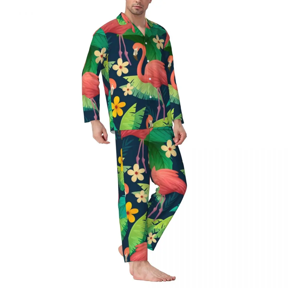 

Tropical Flamingo Pajama Set Green Leaves Print Cute Sleepwear Couple Long-Sleeve Vintage Sleep Two Piece Home Suit Plus Size