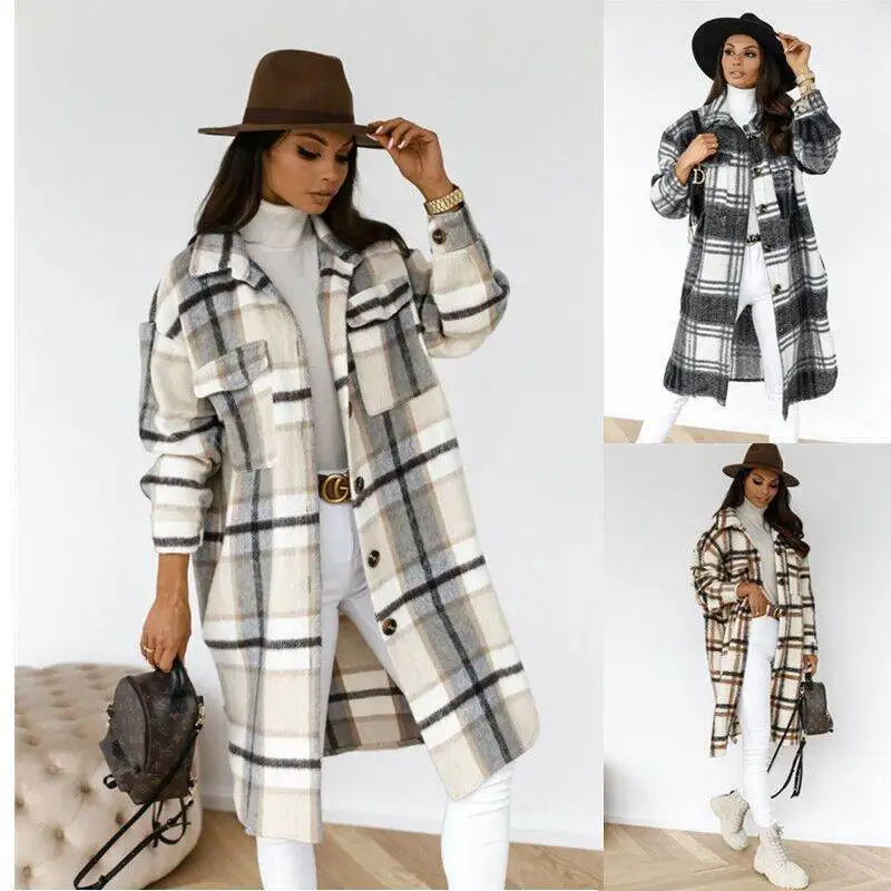 

Women's Long Winter irt Jaet Plaid Print Street Sle Mixed Fabric Coat Straight Cut Middling Length Sve Regular Cuff