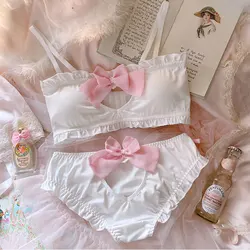 Bow Hollow Out Bra and Panty Set Kawaii Lolita Lovely Bra Padded Cartoon Japanese Girl Cute Sexy Lingerie Thin Bras Bralette Set