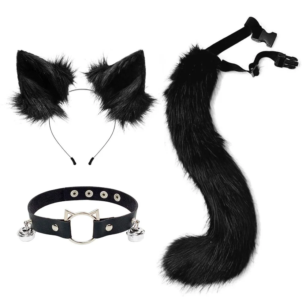 Peludo pele sintética orelhas de gato bandana e cauda de raposa conjunto couro pescoço chocker masculino feminino animal cosplay traje adereços anime acessórios