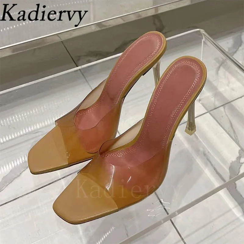 Sexy High Heels Slippers Women Candy Color PVC Summer Shoes Woman Square Peep Toe Slides Thin Heels Runway Sandals Woman