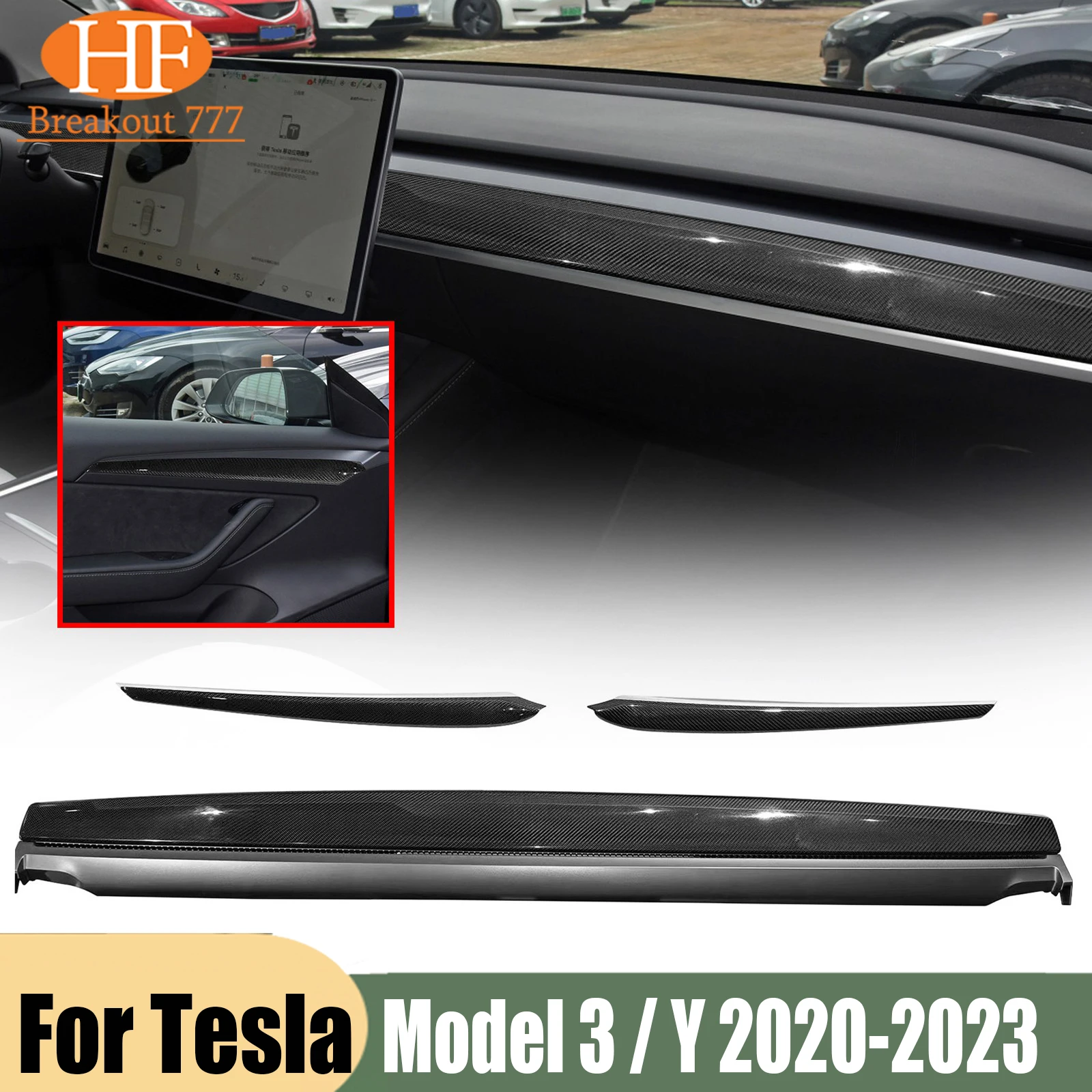 Gloss Carbon Fiber Replacement Dashboard & door Trim set for Tesla model 3/Y 2020-2023
