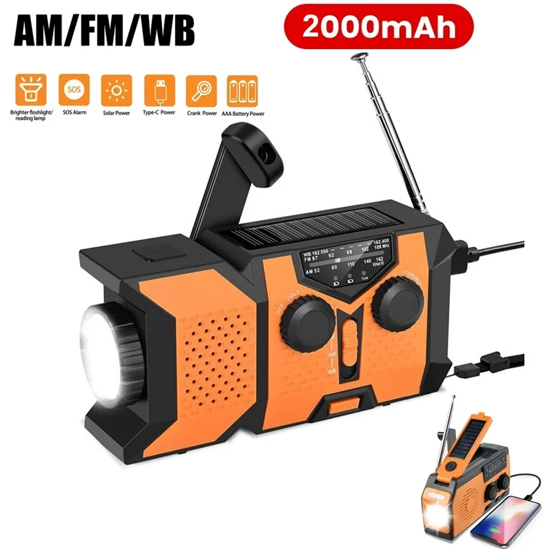 Weather Radio Solar Power Hand Crank 2000mAh AM/FM/WB NOAA Portable USB/Type-C Charging With LED Flashlight for Outdoor Camping