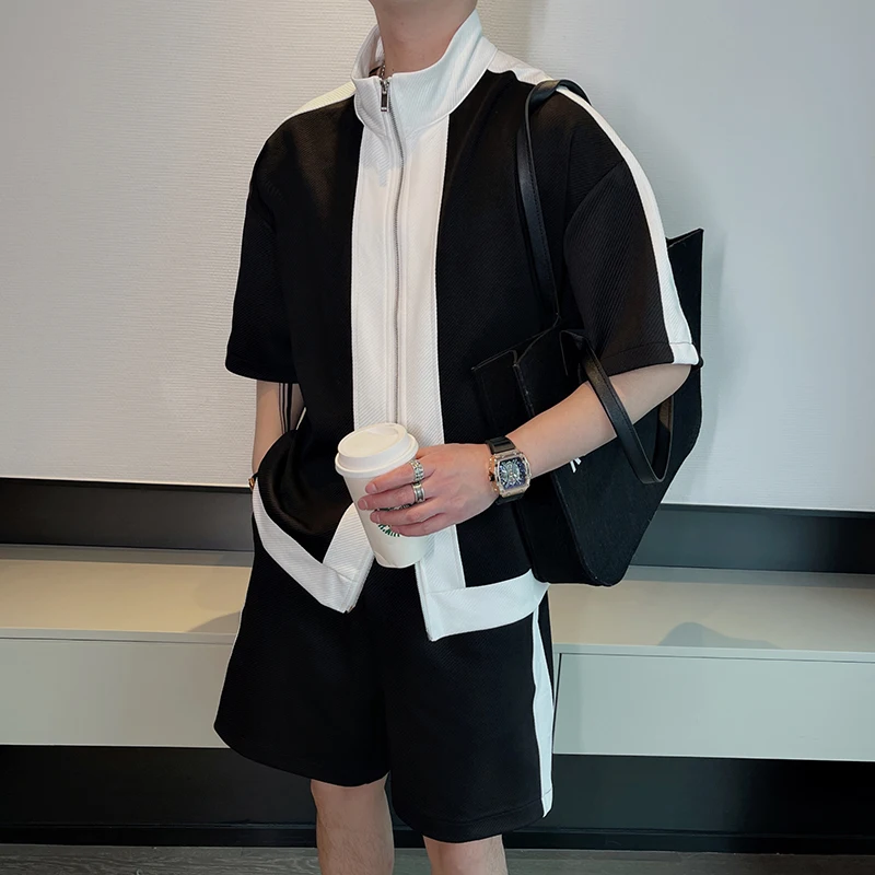 

Casual Contrast Color Splicing ort Sve Five-Point Pants Men's Faion Set Summer Youth irt Sle Korean Loose Fit