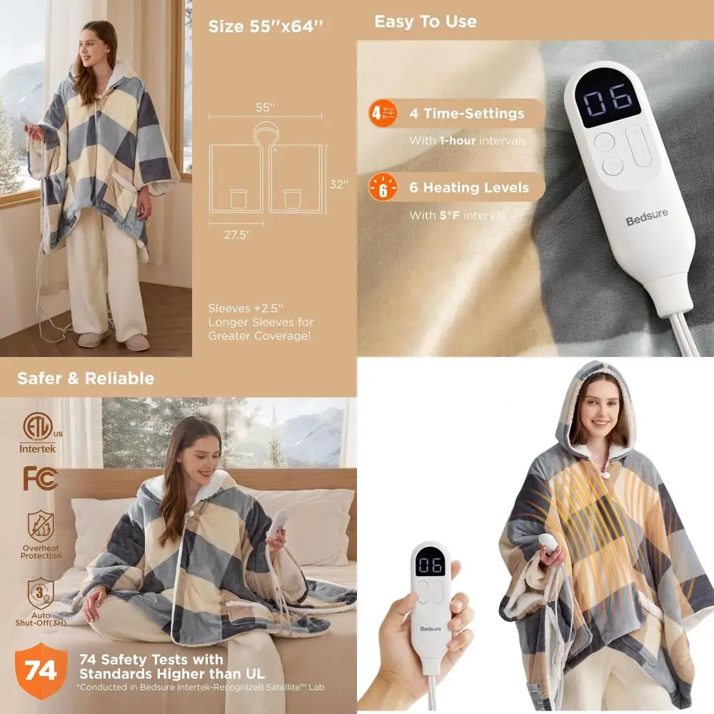 

Electric Sherpa Hoodie Blanket, Auto-Off, 55x64, Plaid Pattern, Winter Warmer for Women