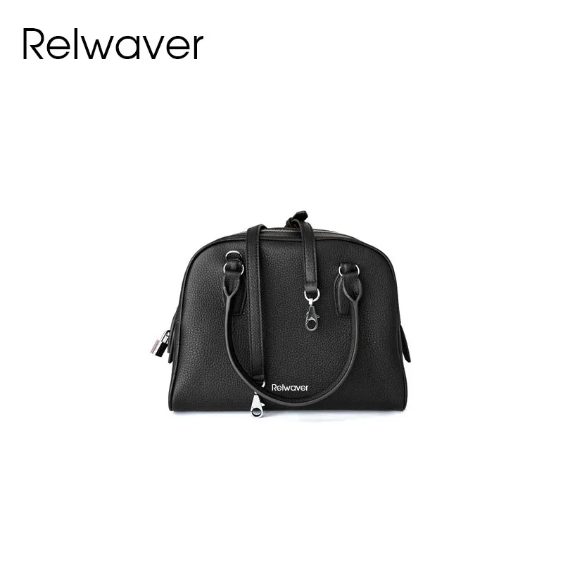 Relwaver genuine leather bowling bag 2025 spring versatile black women handbags fashion shoulder bag chic roomy crossbody bag