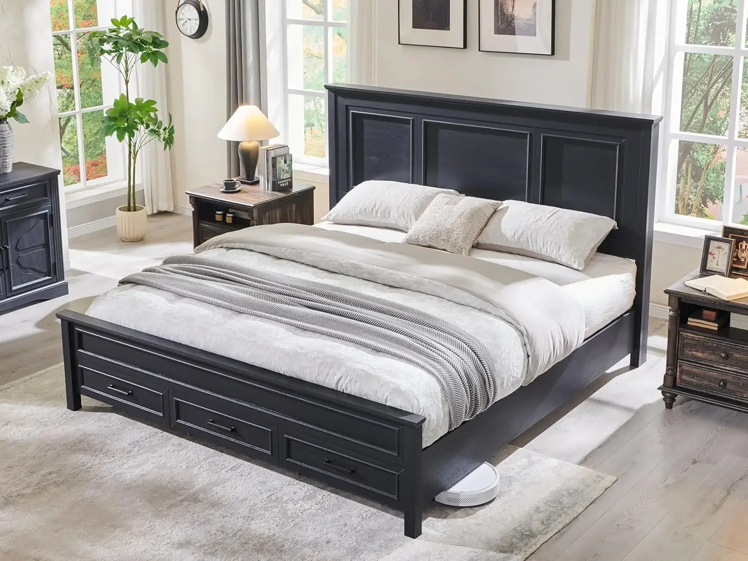 

Farmhouse King Wood Bed Frame with 52" Tall Headboard & Footboard, Platform Bedframe with Hidden Storage Drawers, Black