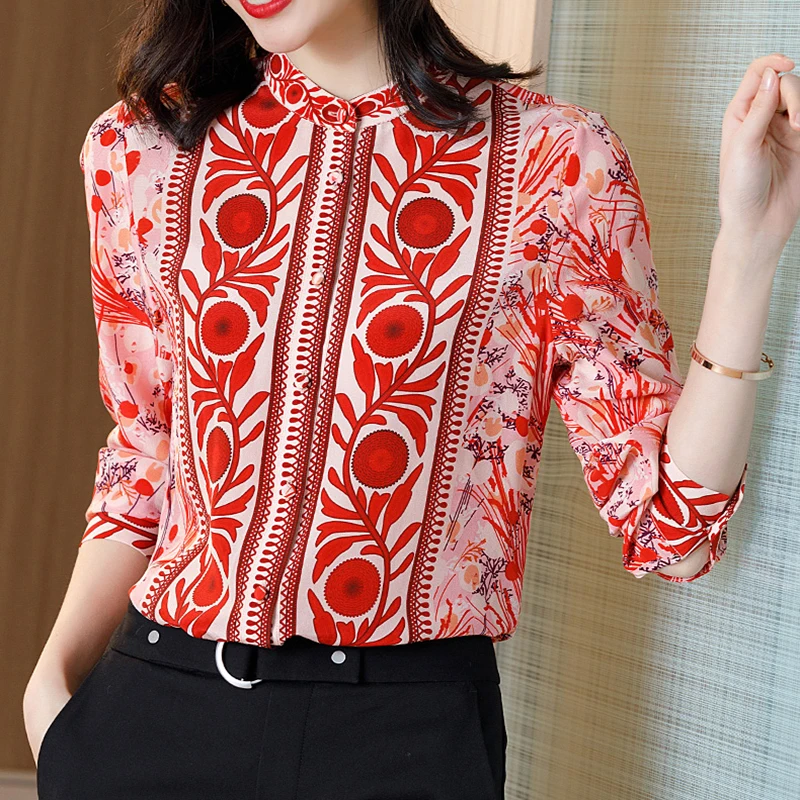 Shirt Women\'s Light Luxury 2023 New V-neck Spring and Autumn Red Fashion Top Foreign Elegant Retro Print Shirt Versatile