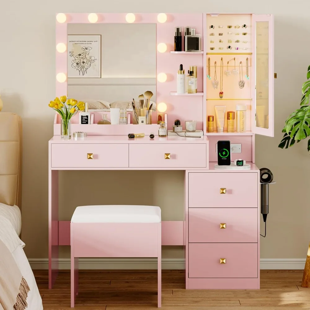 Vanity Desk with Mirror and Lights Makeup Vanity Table Set with 5 Storage Drawers Small Dressing Table with RGB Ambient Light