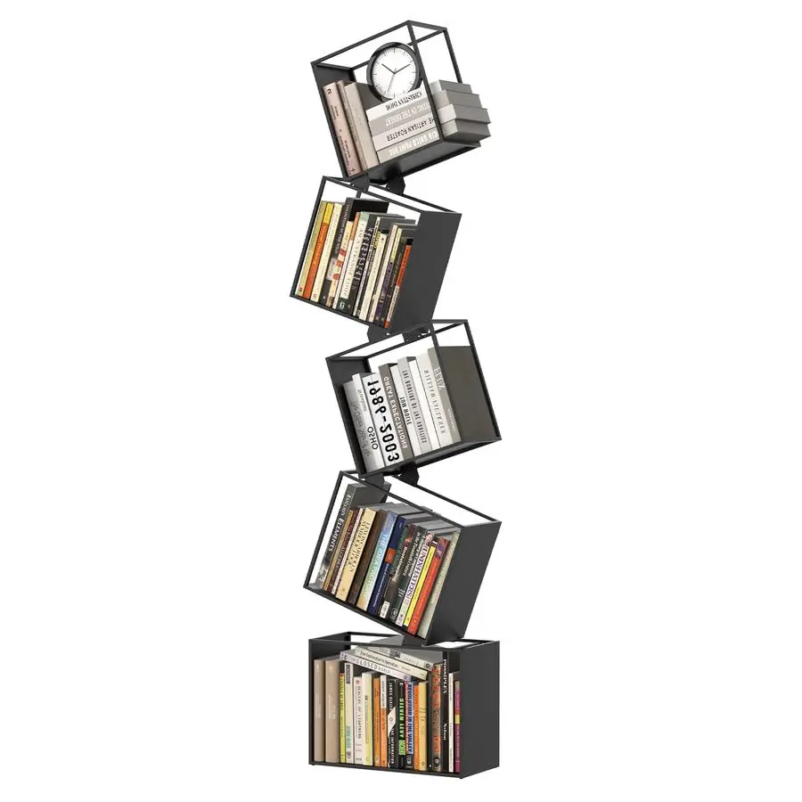 

Metal Geometric Bookshelf Modern Narrow Floor Bookcase, SpaceSaving Organizer for Living Room, Bedroom, Office, Corner Black