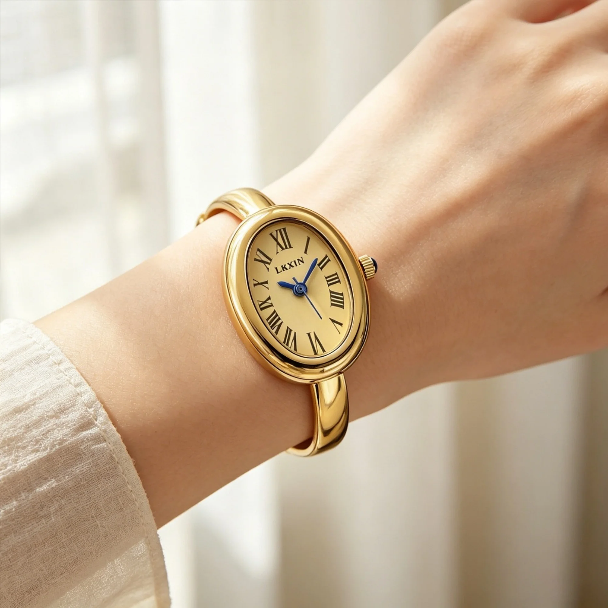 LKXIN Women Oval Watch Alloy Roman Numeral Dial Blue Crown Minimal Elegant Wristwatch Luxury  Gift - view 4
