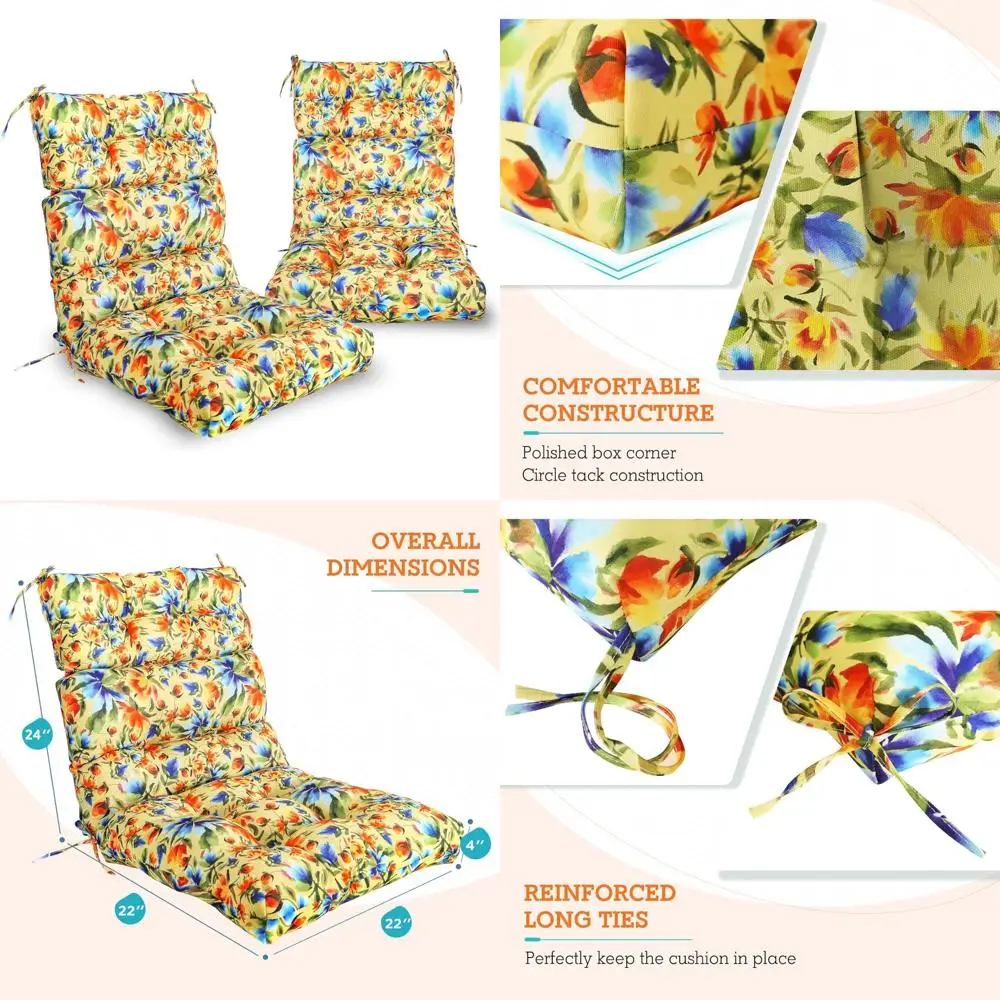 

Floral High Back Patio Chair Cushions Set of 2, 46 x 22, Indoor/Outdoor Tufted Cushions for Comfortable Seating