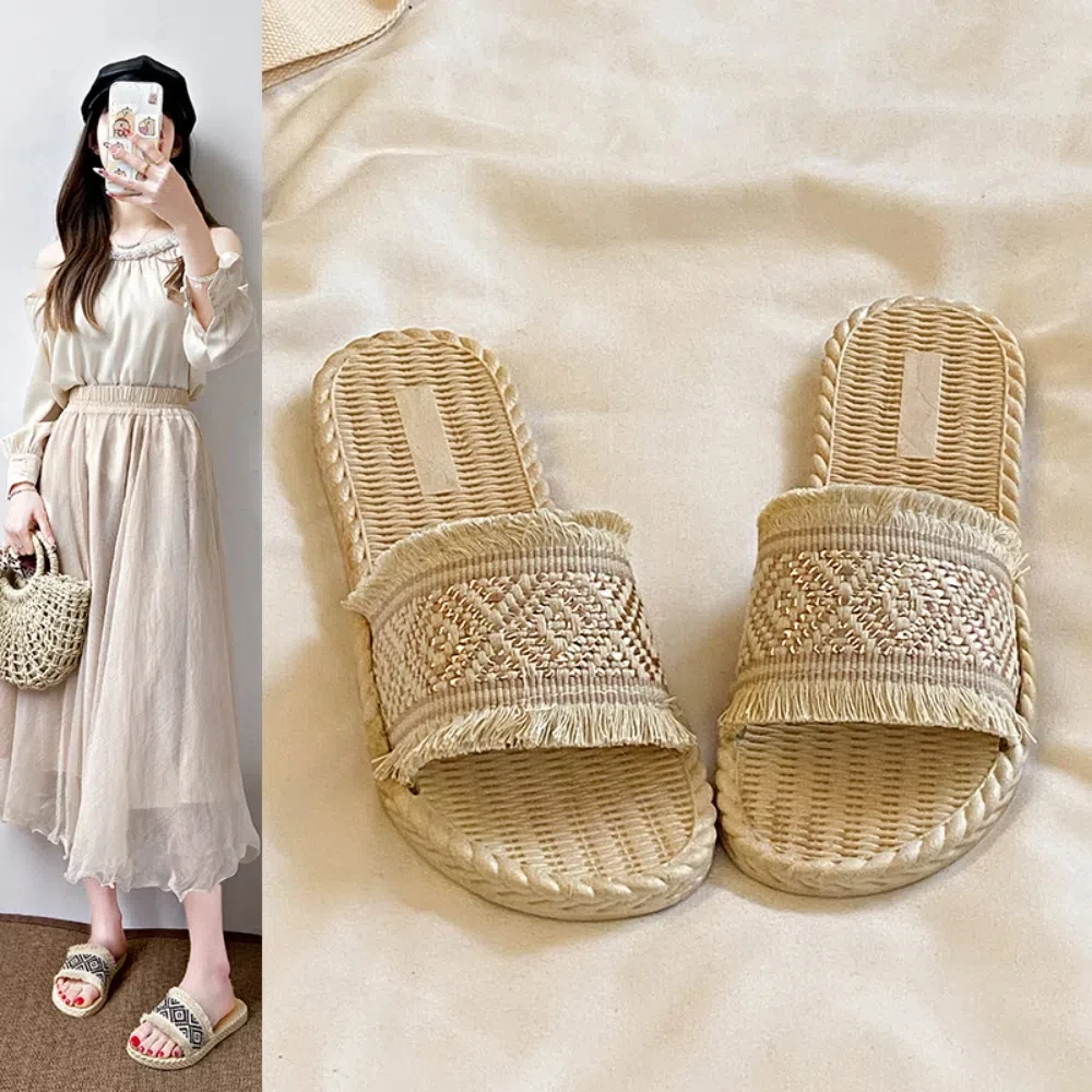 

Милые праздничные тапочки на плоской подошве, женские милые богемные шлепанцы, сандалии, нескользящие пляжные тапочки для отдыха на открытом воздухе