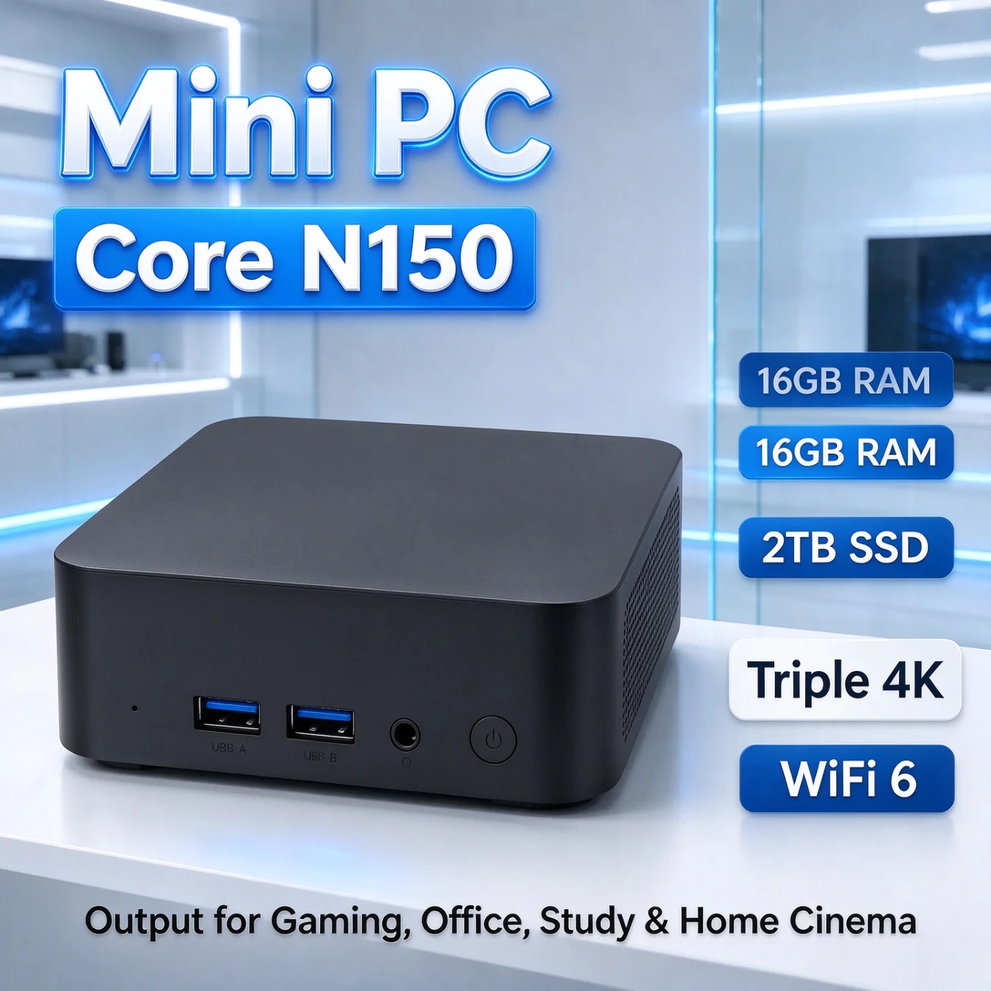 1tb-2tb-ssd搭載、トリプル4k出力対応のミニpc。オフィスや学習、ホームシアターに最適。intel-core-n150プロセッサー、16gbメモリ、wi-fi-6対応、コンパクトなデスクトップパソコン。