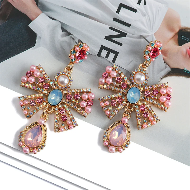 

European and American fashion imitation pearl colored crystal glass metal bow earrings elegant and sweet vintage earring jewelry