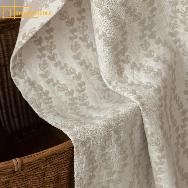 American Retro Beige Cotton Linen Jacquard Thickened Blackout Curtains for Living Room and Bedroom Customized Door Curtains