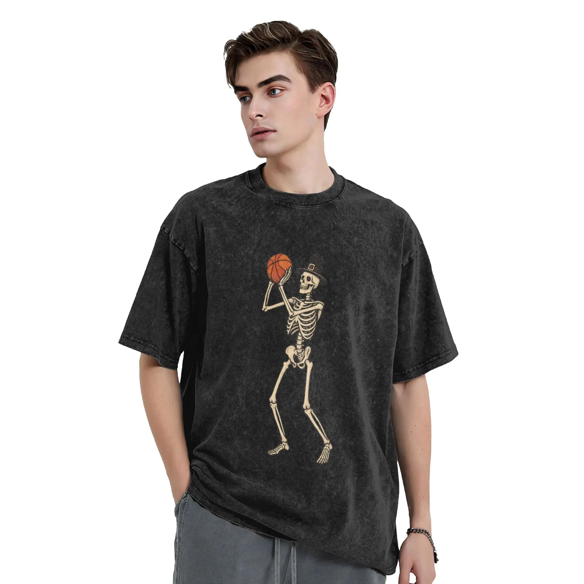 Skeleton basketball fan thanksgiving  Classic Trendy A Vintage Oversized Cotton Unisex T-Shirts