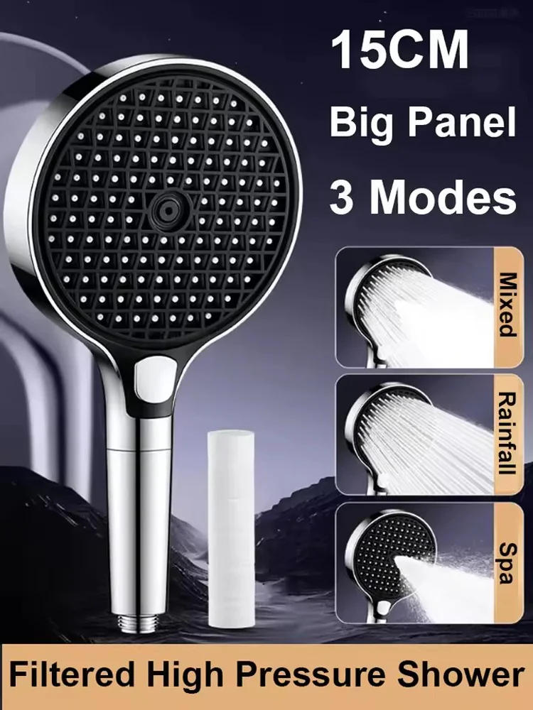 

Насадка для душа высокого давления, 3 режима, регулируемые насадки для душа с фильтром, 15 см, большая панель, экономия воды, насадка для распыления воды с одной кнопкой