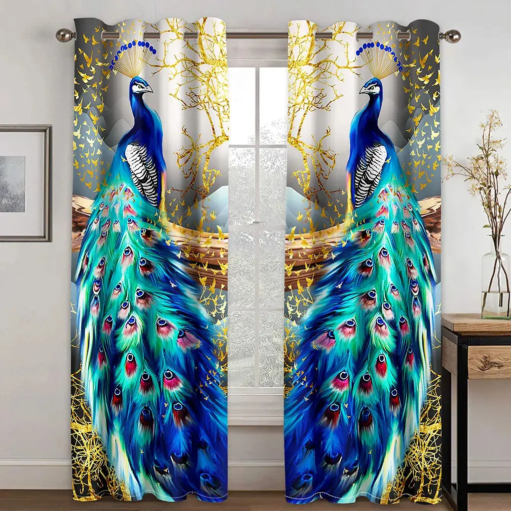 

Customized Peacock Print Transparent Curtains, Polyester Fiber Chinese Style Curtains, Suitable For Living Room Bedroom Kitchen