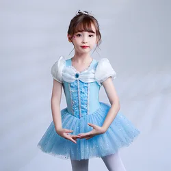 Summer girl ballet dress princess skirt fluffy mesh skirt hem ruffle performance girl children dancing costume blue