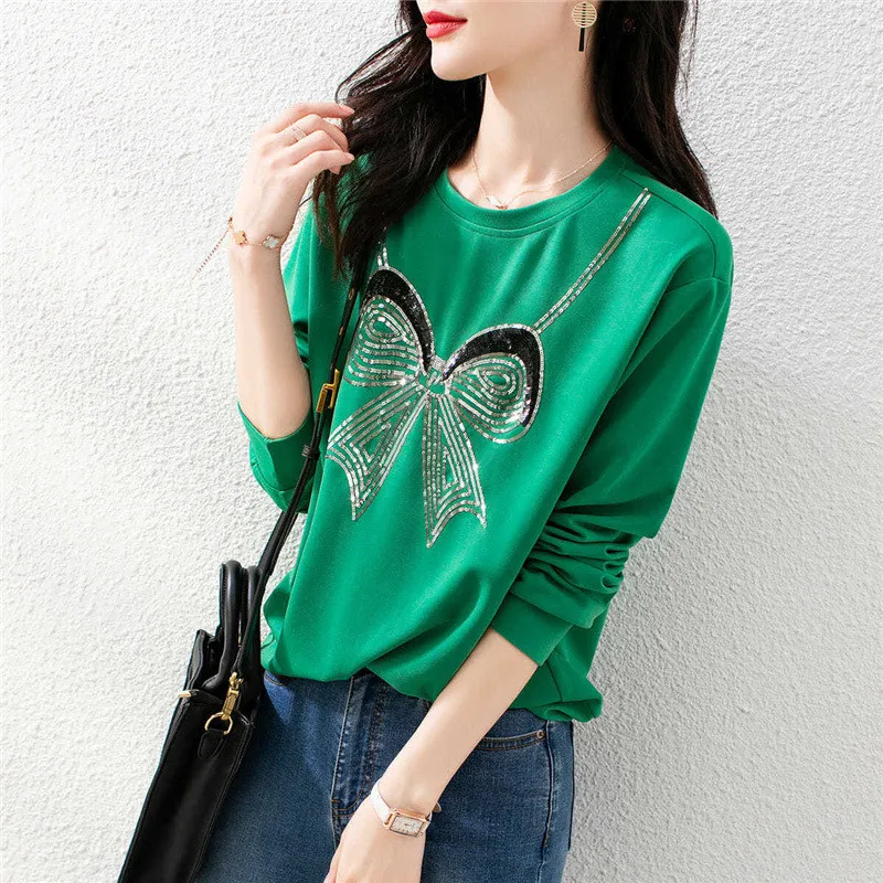 2023Spring Auutmn Korean Fashion Chic Bow Rhinestone Green Long Sleeve Cotton Top Female Casual Loose Women\'s Sweatshirt Clothes