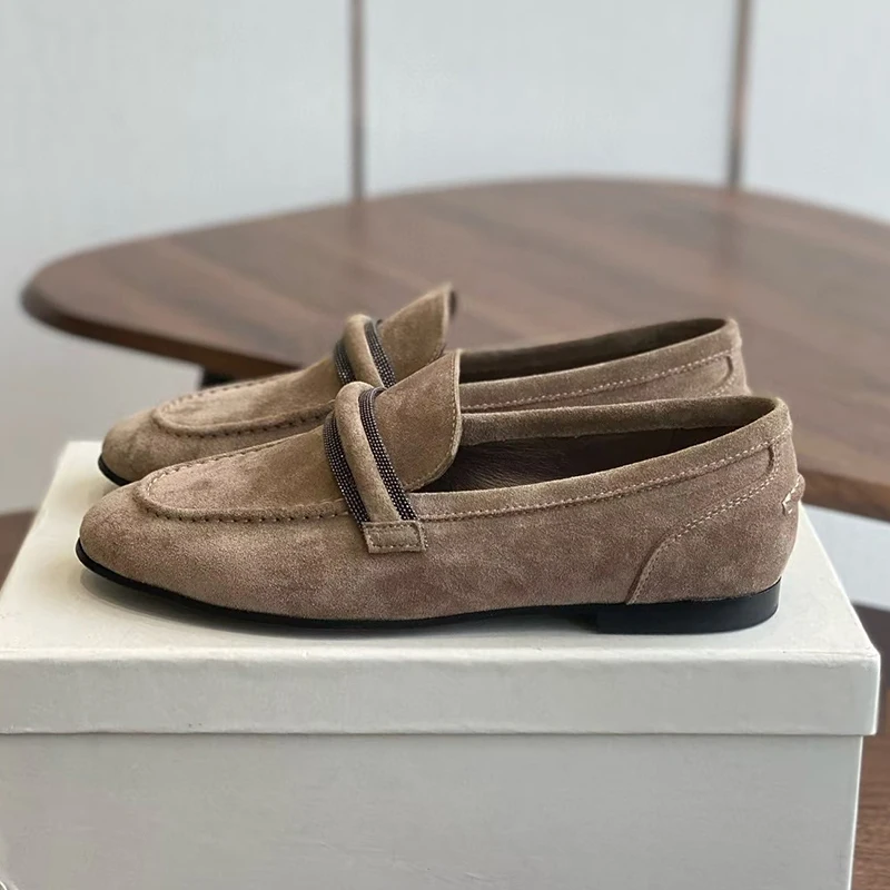 Round Toe Cow Suede Solid Color Single Shoes Women's String Bead Decor Shallow Mouth Loafer Spring Autumn Retro Flat Shoes
