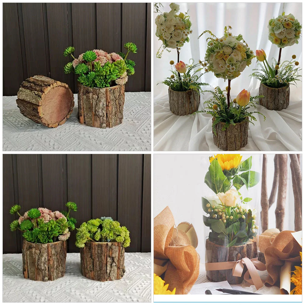 2 Pcs Bark Flower Bucket Decorative Pots for Plants Indoor Wooden Planters Barrel Outdoor Cactus Tree Stump Small