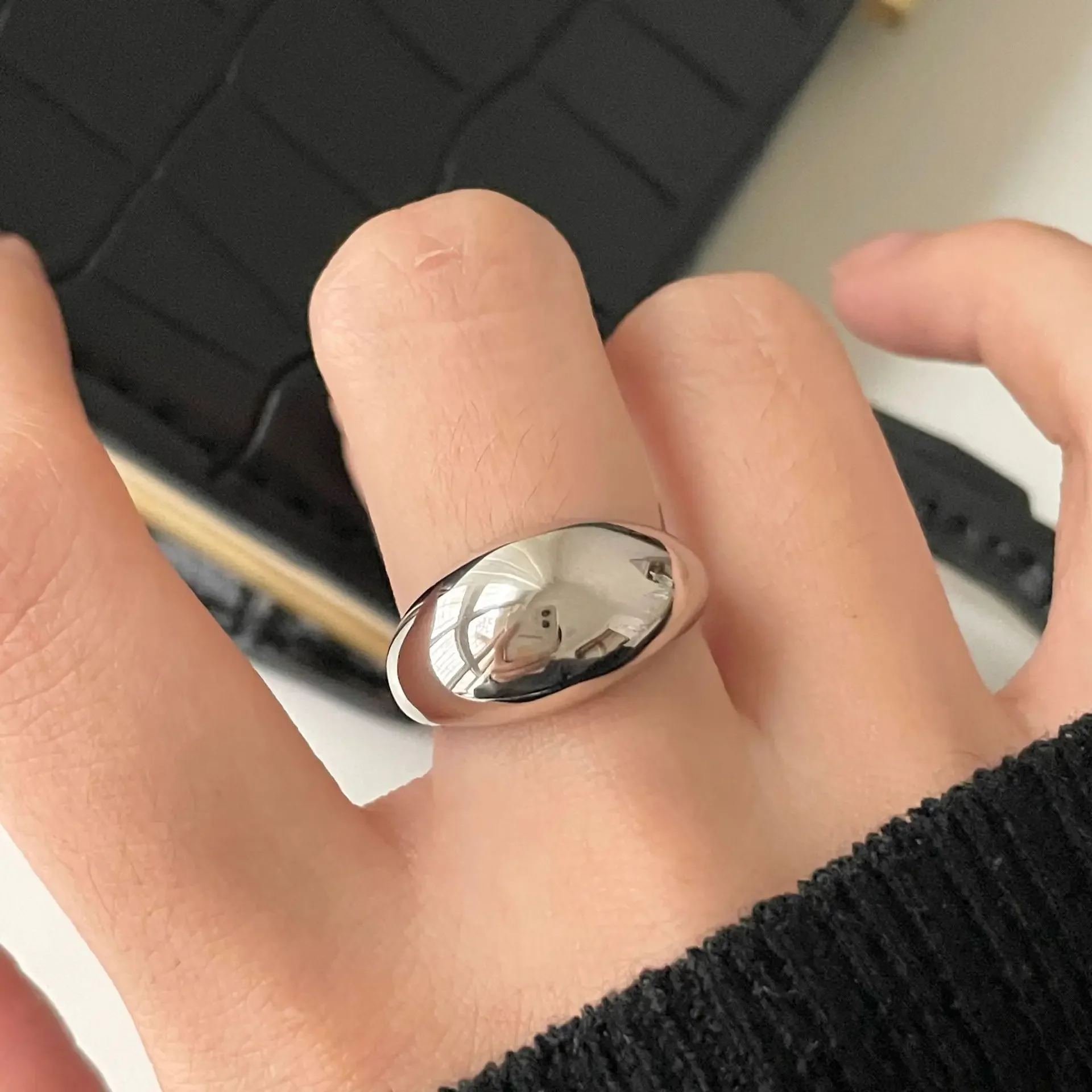 S925 Sterling Silver Smooth Surface Ring for Women Jewelry Big Simple Open Vintage Handmade Ring Allergy for Party Birthday Gift